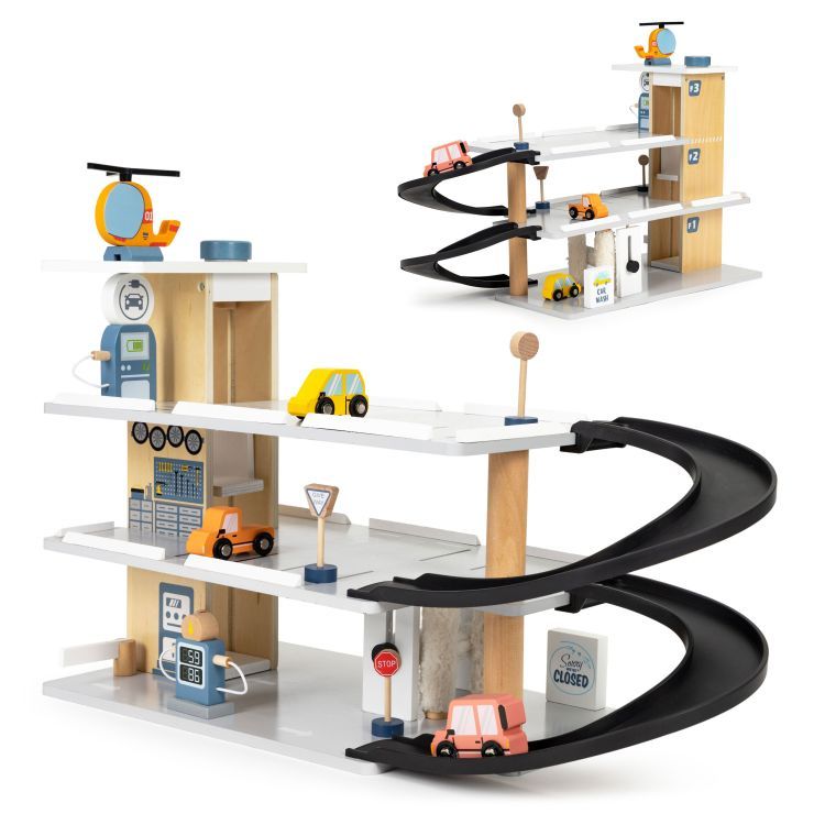 ECOTOYS Houten Parkeergarage - 3 Verdiepingen - Lift & Auto’s - 3+