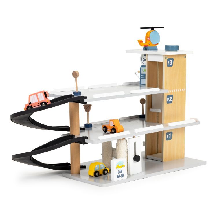 ECOTOYS Houten Parkeergarage - 3 Verdiepingen - Lift & Auto’s - 3+