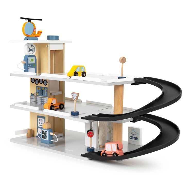ECOTOYS Houten Parkeergarage - 3 Verdiepingen - Lift & Auto’s - 3+