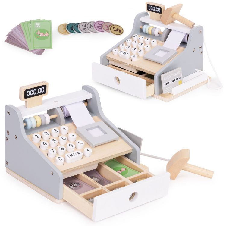 ECOTOYS Houten Speelgoedkassa - Met Scanner, Speelgeld &amp; Betaalkaart