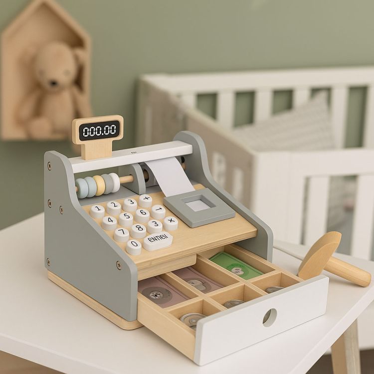 ECOTOYS Houten Speelgoedkassa - Met Scanner, Speelgeld &amp; Betaalkaart