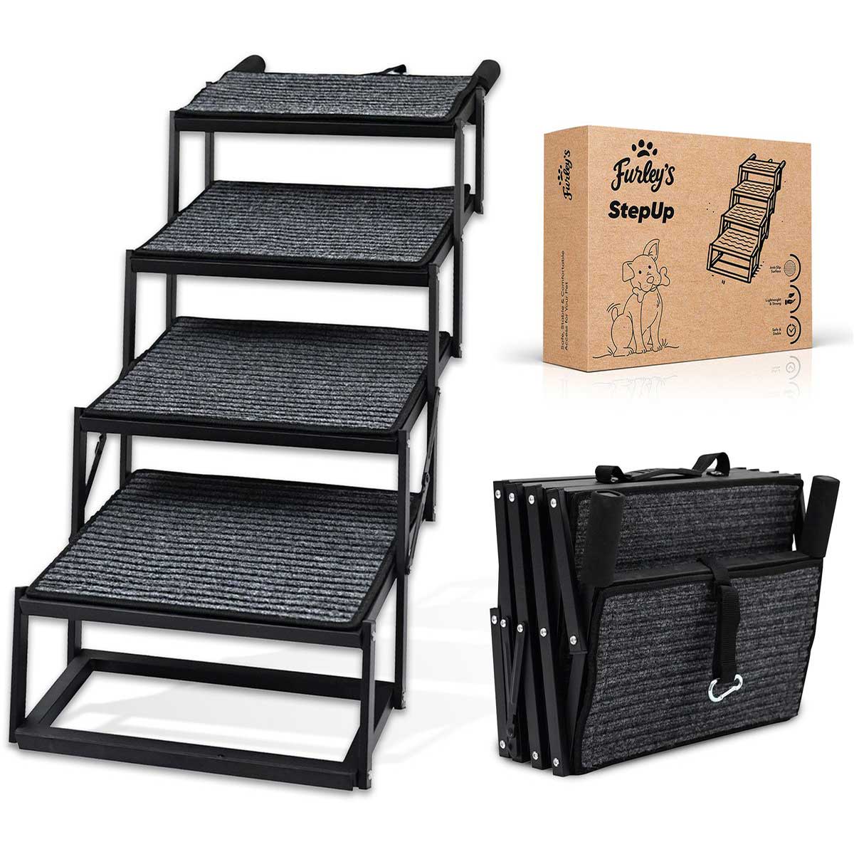 Furley's Opvouwbare Hondentrap - Inklapbare Loopplank & Hondentrap voor Auto - Antislip & Veilig - Aluminium - 160 cm - 70 kg Draagkracht - Voor Grote & Kleine Honden