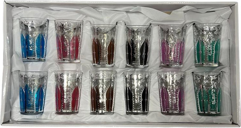 Glozini - Moroccan Tea Glasses - Colorful - Silver - Set of 12 Glasses - 178ml - Tea &amp; Coffee Glasses