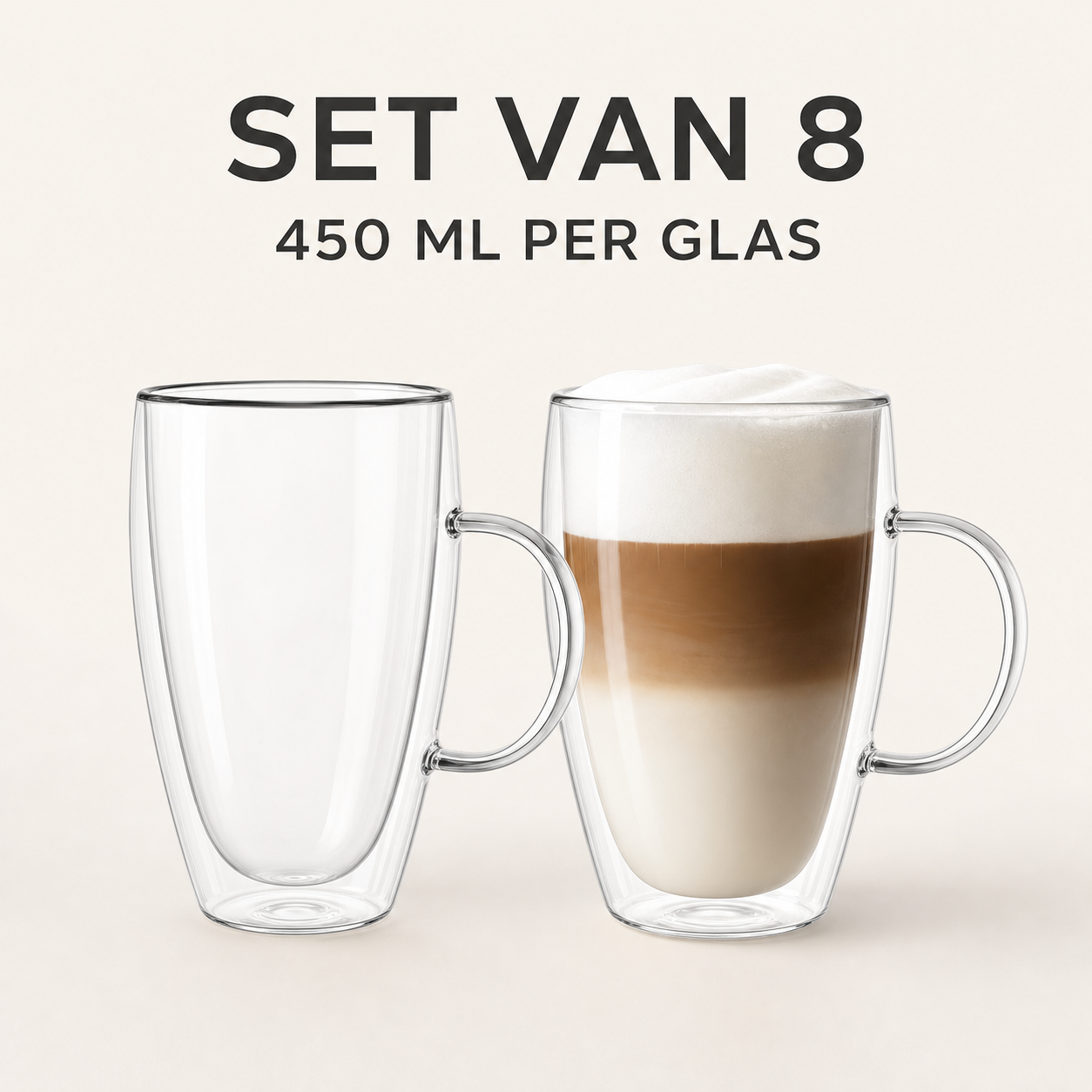 Glozini Dubbelwandige Glazen met Oor - 450 ml - Set van 8 - Koffieglazen - Theeglas - Cappuccino Glazen – productafbeelding 4