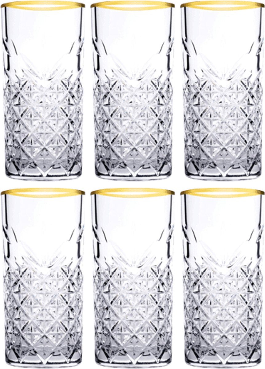 Glozini Long Drink Glass with Gold Rim - Set of 4 - Ripple/Riffle Glass 