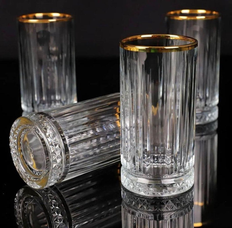 Glozini Long Drink Glass with Gold Rim - Set of 4 - Ripple/Riffle Glass 
