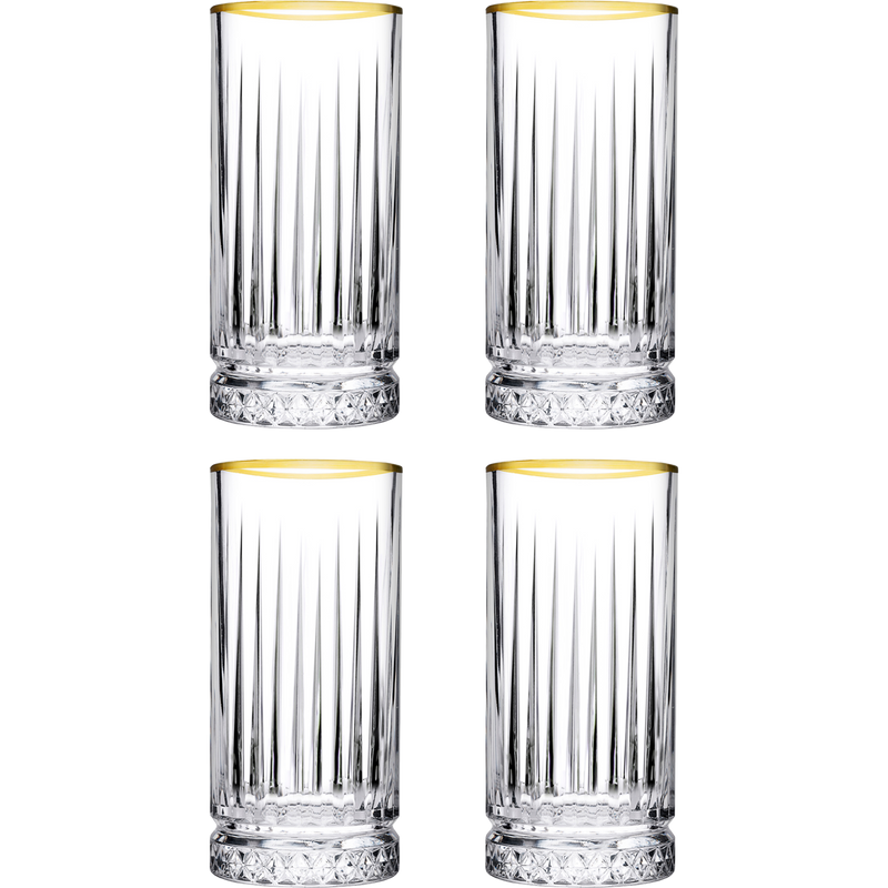 Glozini Longdrinkglas mit Goldrand – 4er-Set – Ripple/Riffle-Glas 
