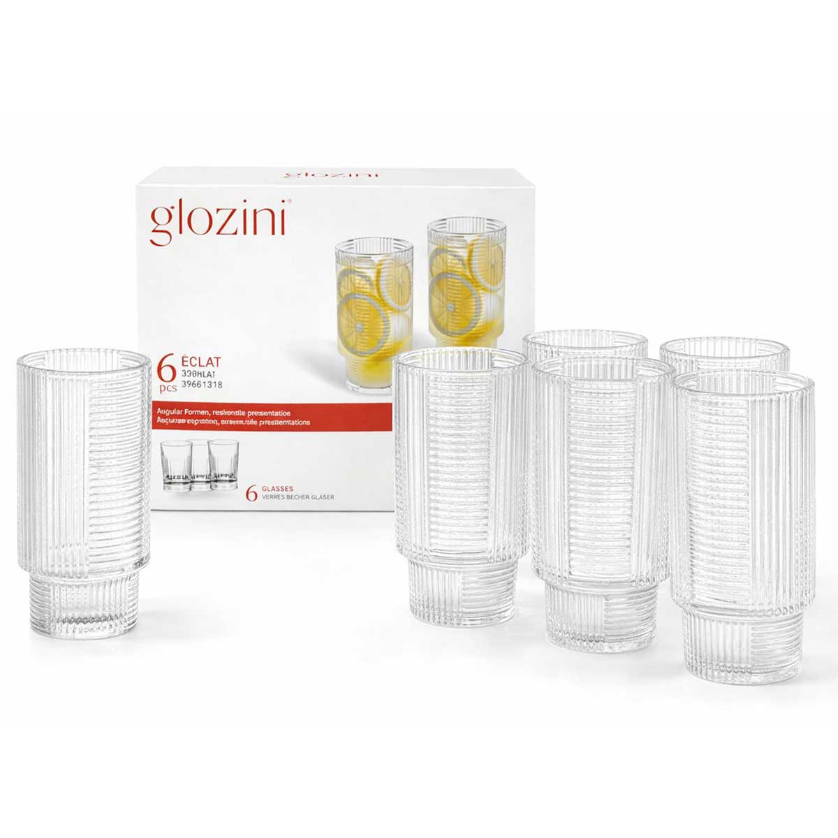 Glozini Eclat - Geribbelde Longdrinkglazen - 330ml - Stapelbaar - 6 Stuks - Matcha Glazen - Latte Glazen - Cocktail Glazen