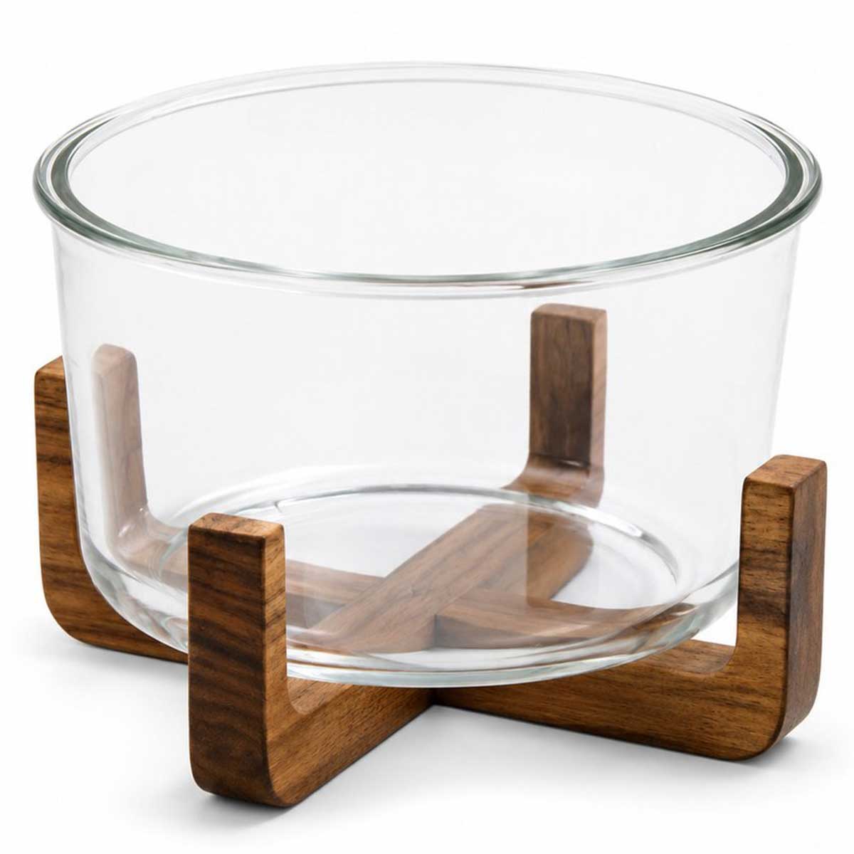 Glozini Glazen Serveerschaal met Acacia Houten Onderstel - 20 cm