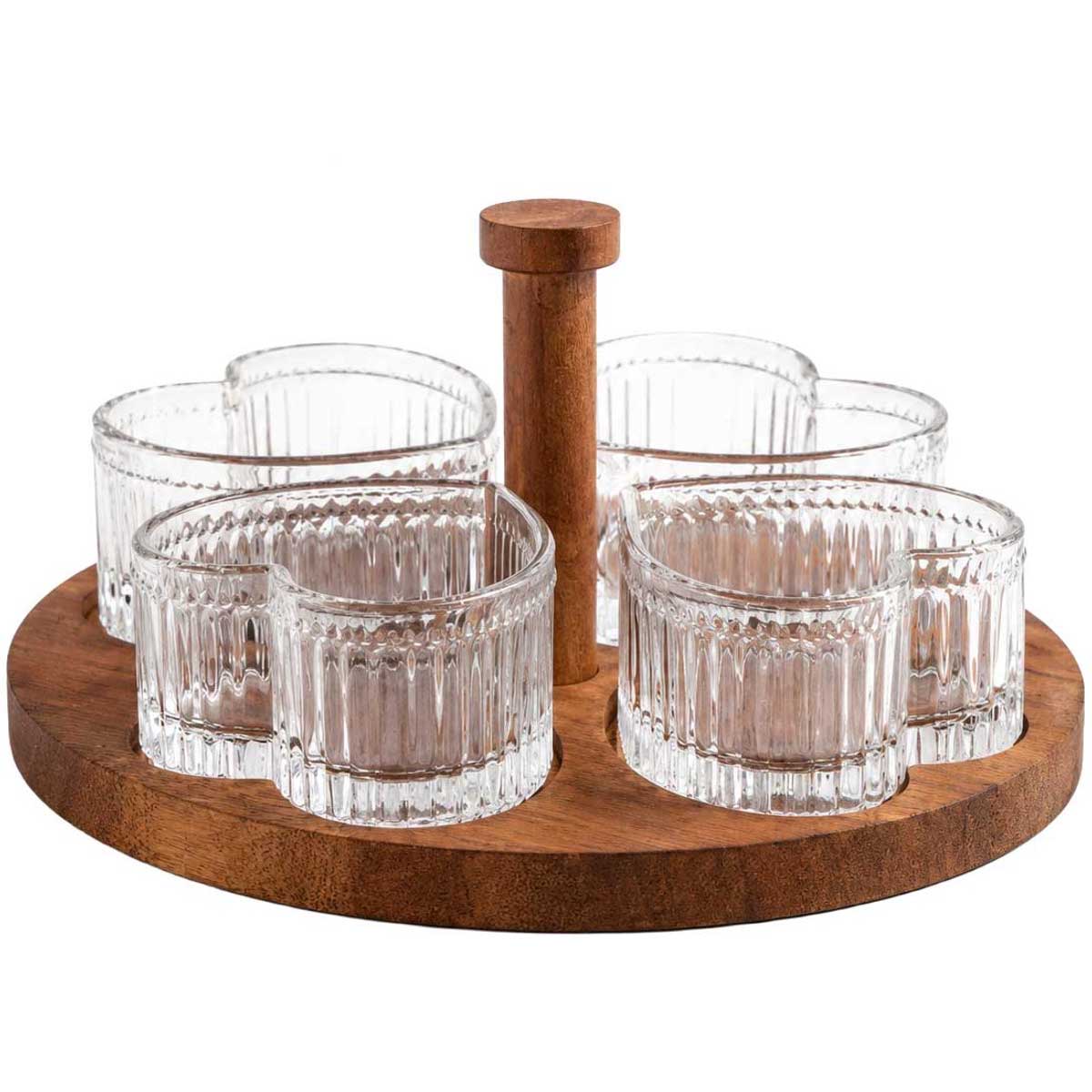 Glozini Hartvormige Glazen Schaaltjes Set met Houten Serveerplank - 5-delig - Glas/Hout