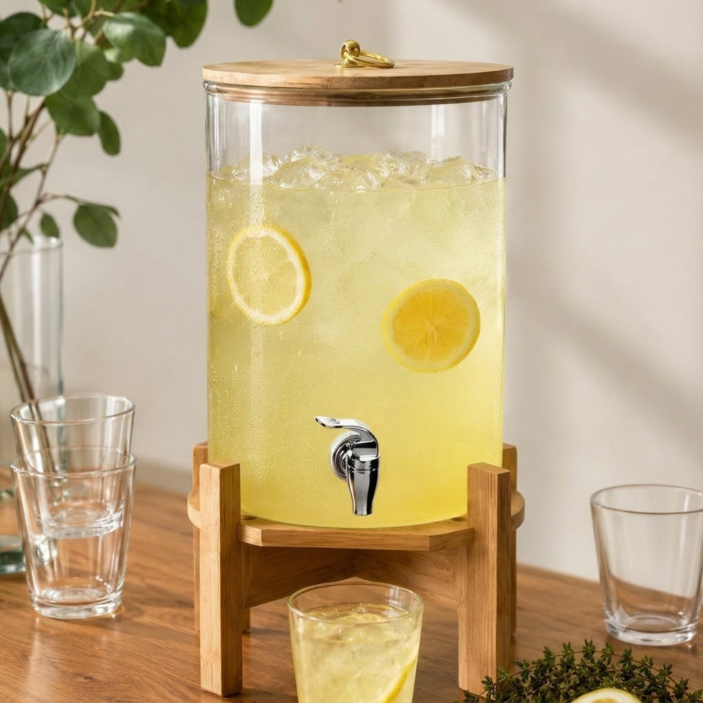 Glozini Limonadedispenser met Houten Deksel & Standaard - 8 Liter Waterdispenser - Drankendispenser - Sapdispenser