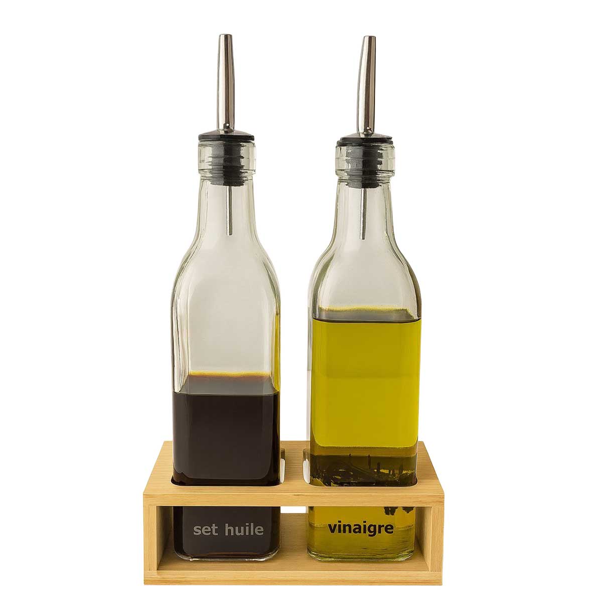 Glozini Olie- en Azijn Set - 3-delig - Glas - Incl. Bamboe Houder - 500ml