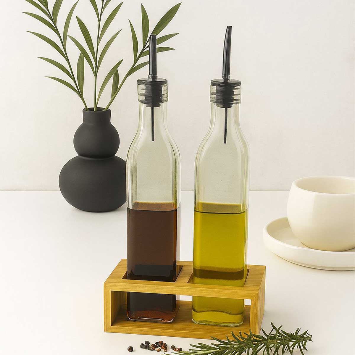 Glozini Olie- en Azijn Set - 3-delig - Glas - Incl. Bamboe Houder - 500ml