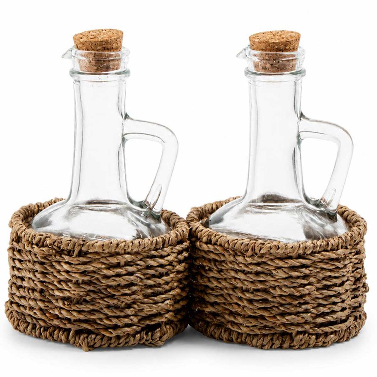 Glozini Olie- en Azijn Set met Gevlochten Houder - Glas