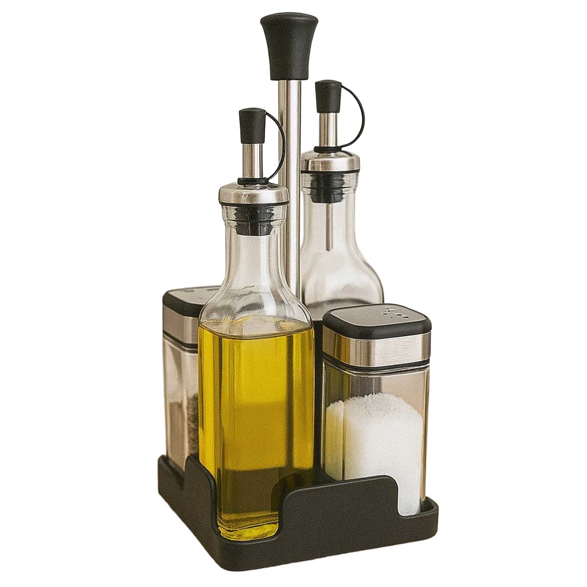 Glozini Olie- en Azijn Set met Zout & Peper - 5-delig - Glas & RVS - Incl. Houder