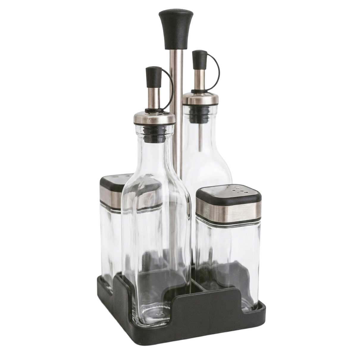 Glozini Olie- en Azijn Set met Zout & Peper - 5-delig - Glas & RVS - Incl. Houder