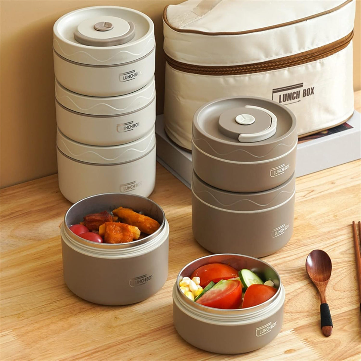 Hauskraft Thermische Lunchbox Set – 5-delig - RVS – Lekvrij & Isolerend – Bruin