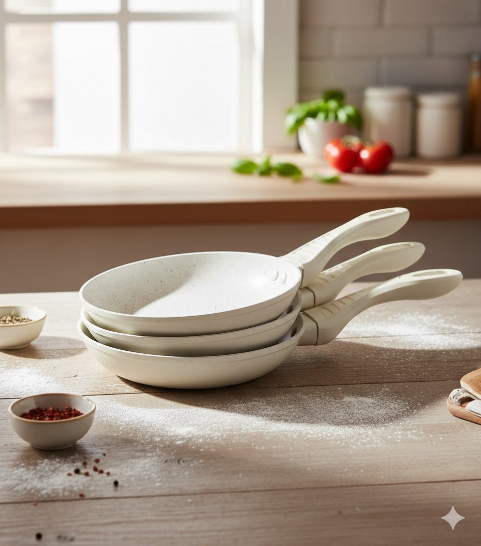 Cheffinger Bratpfannenset - 3-teilig - Beige - Bratpfanne 20, 24,28cm - Induktion