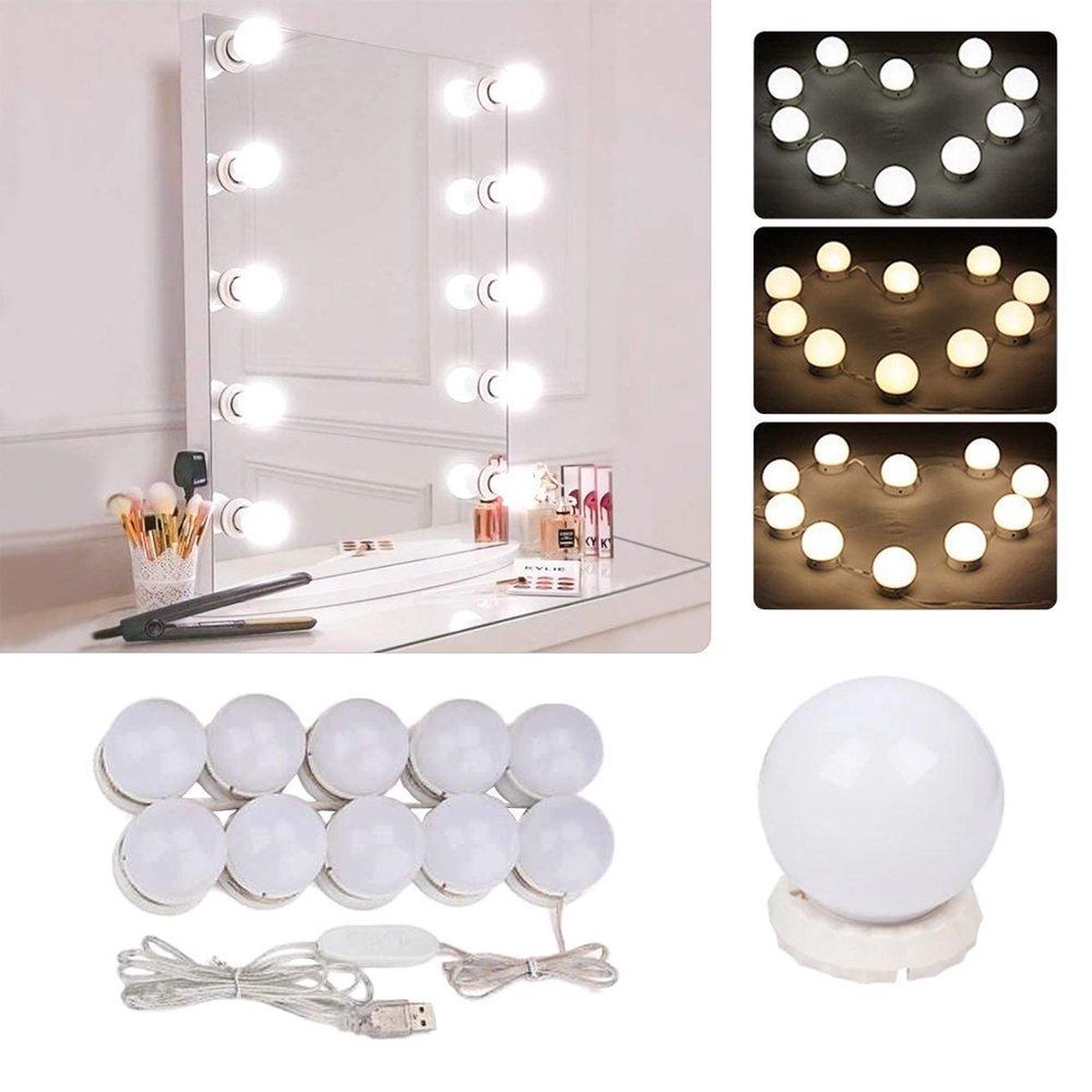 Izoxis Hollywood Mirror Lamps - Mirror Lighting - Make Up Mirror Lamp - 10 dimmable LED lamps - 3 light settings