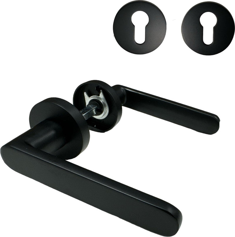 KAIA Door Handle On Round Rosette with Key Rosette - Matte Black - Door Handle - Door Hardware Set - Incl. Mounting material - Recoil spring