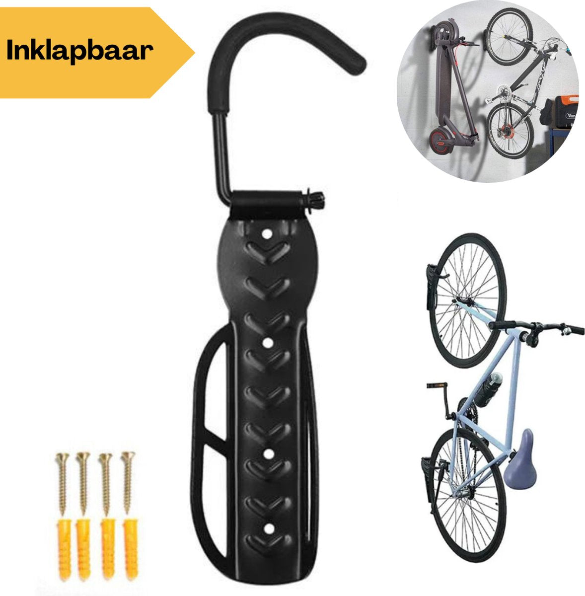 KAIA Bicycle Hanging System - Bicycle Hook - Wall Bracket - Hanging Bracket - Bicycle Bracket - Bicycle Rack - Includes Mounting Material - Collapsible Hook