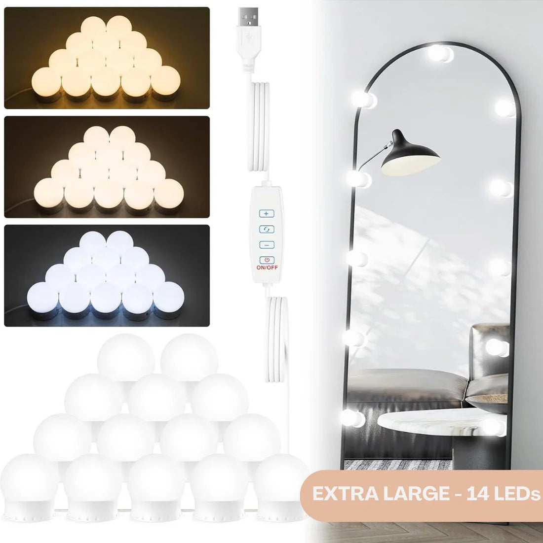 KAIA Hollywood Spiegellampen - Spiegelverlichting - Wit - Met 14 LED Lampen - USB-Aansluiting - Dimbare Make-Up Lamp - 3 Kleurtinten - 6 Meter Kabel