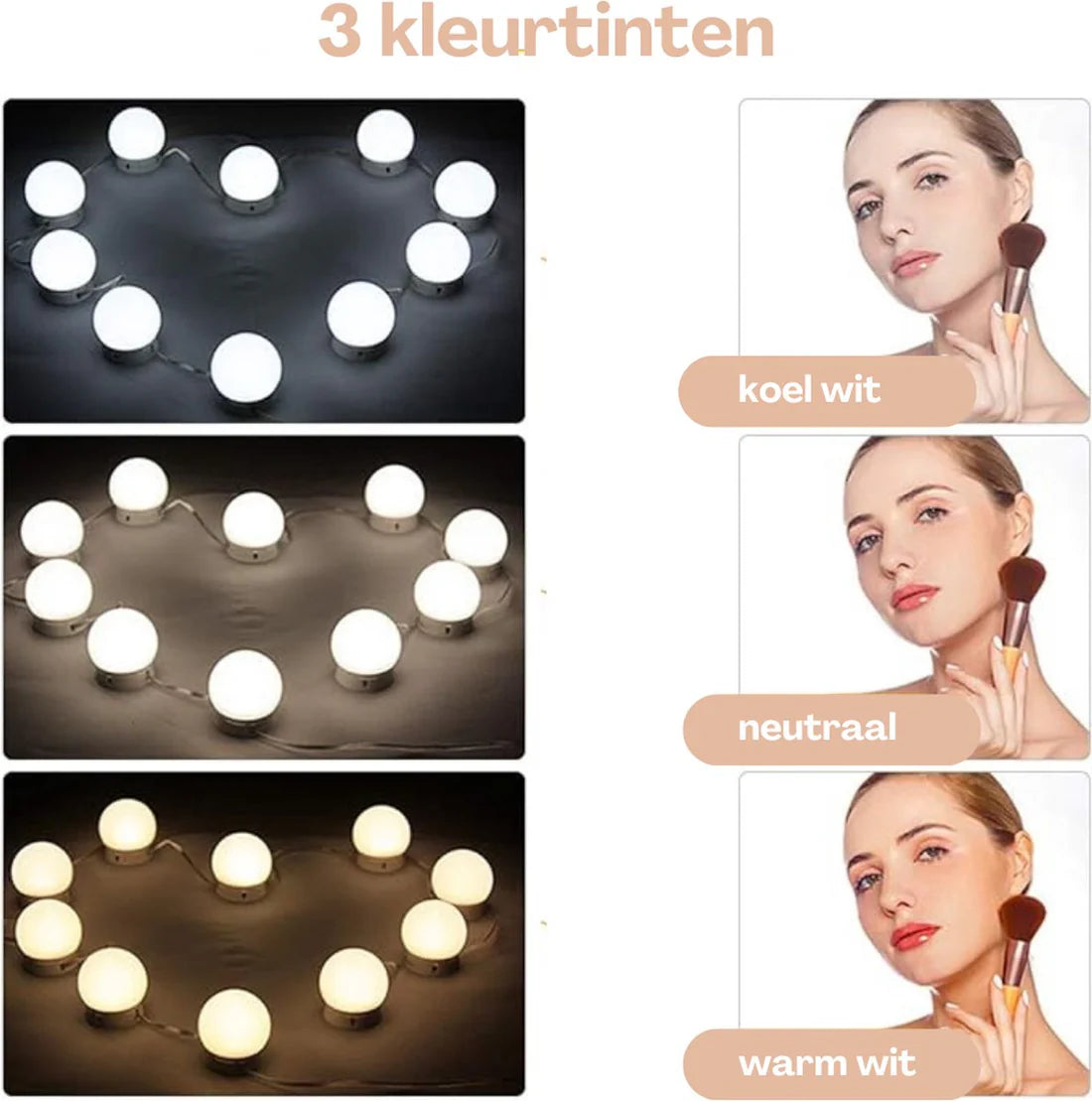 KAIA Hollywood Spiegellampen - Spiegelverlichting - Wit - Met 14 LED Lampen - USB-Aansluiting - Dimbare Make-Up Lamp - 3 Kleurtinten - 6 Meter Kabel