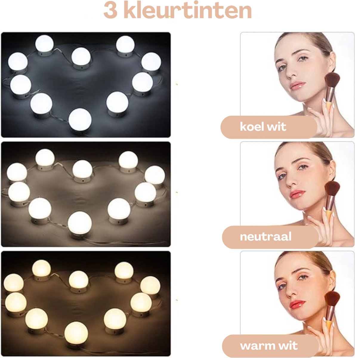 KAIA Hollywood Spiegellampen – Spiegelverlichting met 14 LED Lampen – Extra Lang – Aansluiting via USB - Dimbare Make Up Spiegel Lamp – 6 Meter Kabel - 3 Instelbare Kleurtinten