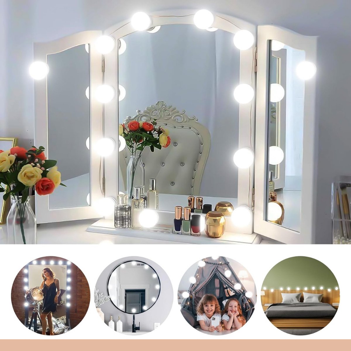 KAIA Hollywood Mirror Lamps - Mirror Lighting with 14 LED Lamps - Extra Long - Connection via USB - Dimmable Make Up Mirror Lamp - 6 Meter Cable - 3 Adjustable Color Tones