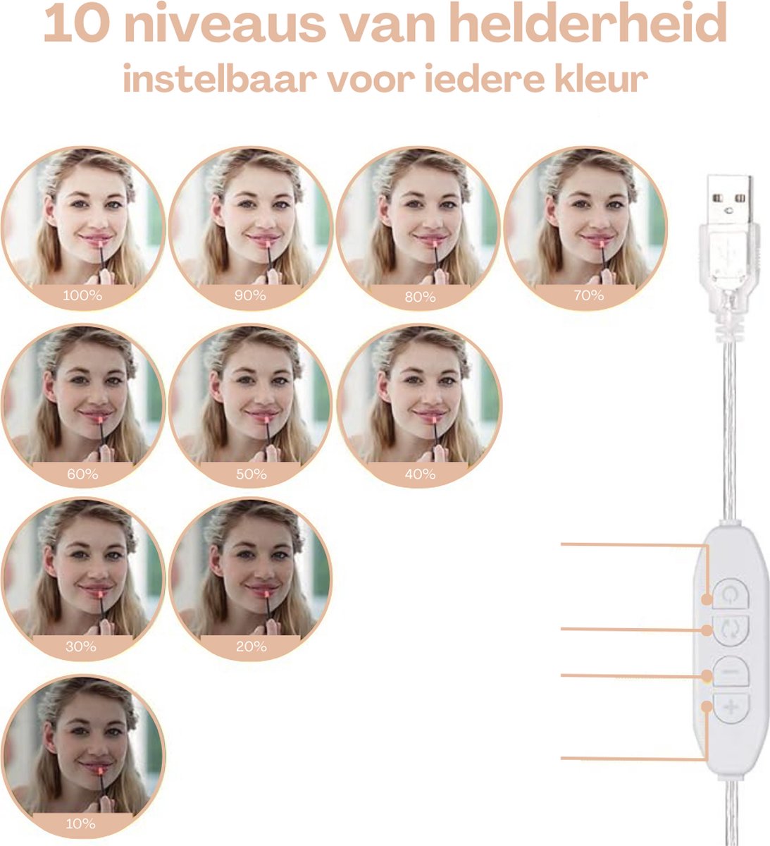 KAIA Hollywood Mirror Lamps - Mirror Lighting with 14 LED Lamps - Extra Long - Connection via USB - Dimmable Make Up Mirror Lamp - 6 Meter Cable - 3 Adjustable Color Tones