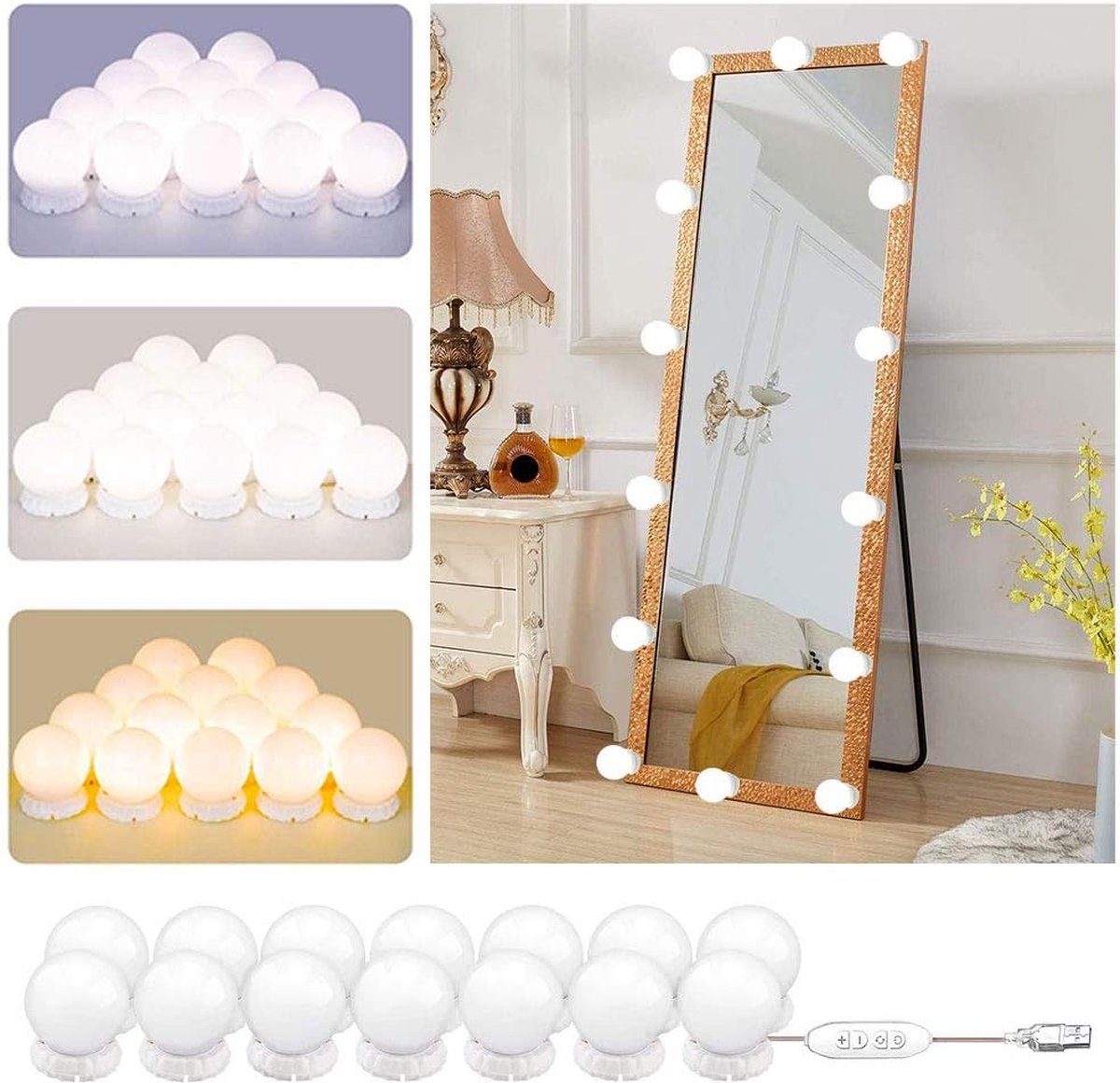 KAIA Hollywood Mirror Lamps - Mirror Lighting with 14 LED Lamps - Extra Long - Connection via USB - Dimmable Make Up Mirror Lamp - 6 Meter Cable - 3 Adjustable Color Tones