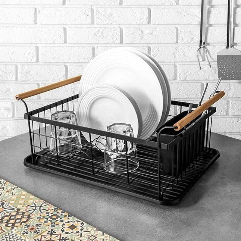 Kadirelli Dish Rack with Drip Tray - Black - Dish Drainer Drying Rack with Cutlery Basket 