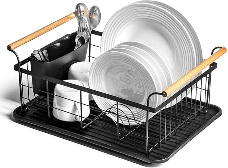 Kadirelli Dish Rack with Drip Tray - Black - Dish Drainer Drying Rack with Cutlery Basket 