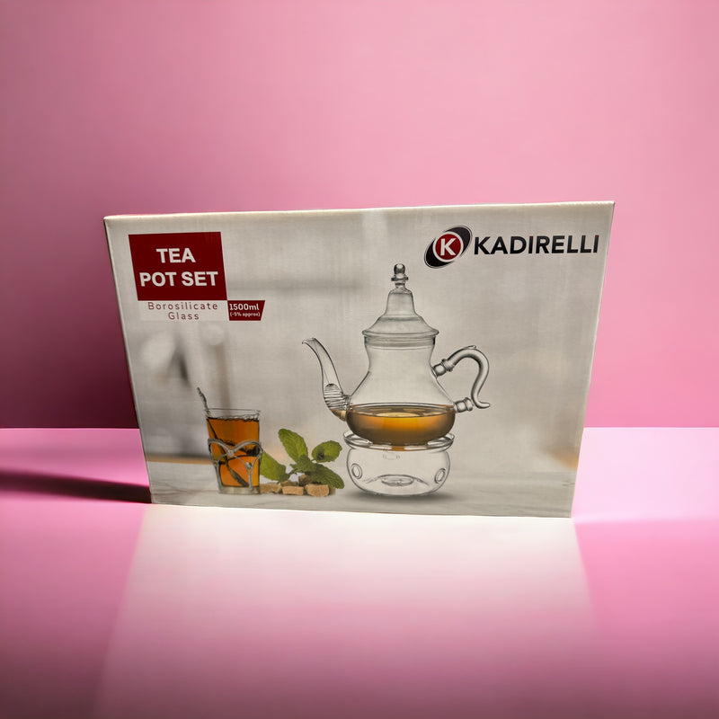 Kadirelli Glas-Teekanne mit Filter und Teelichtwärmer-Set – Borosilikatglas – Edelstahlsieb – 1,5 l 