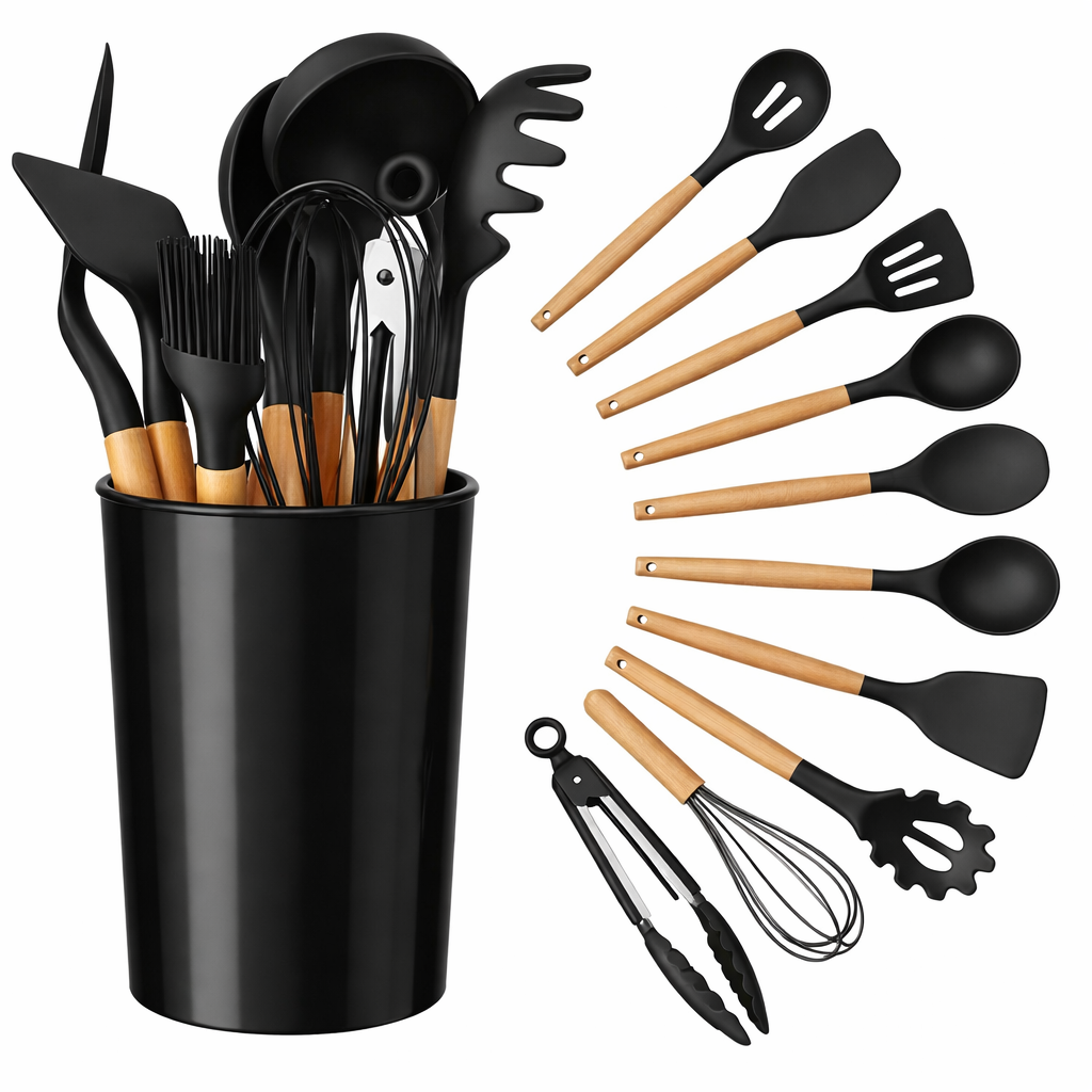 Kadirelli Keukengerei Set 12-delig met Houder - Keukengerei Set - Zwart