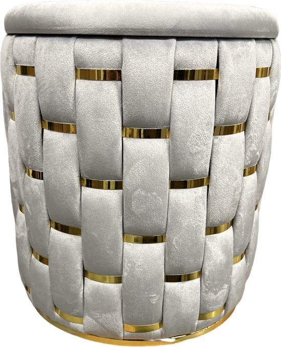 Kadirelli Pouf with Storage Space - 37cm x 41.5cm - Light Gray / Gold - Velvet - Velvet - Hotel Chique