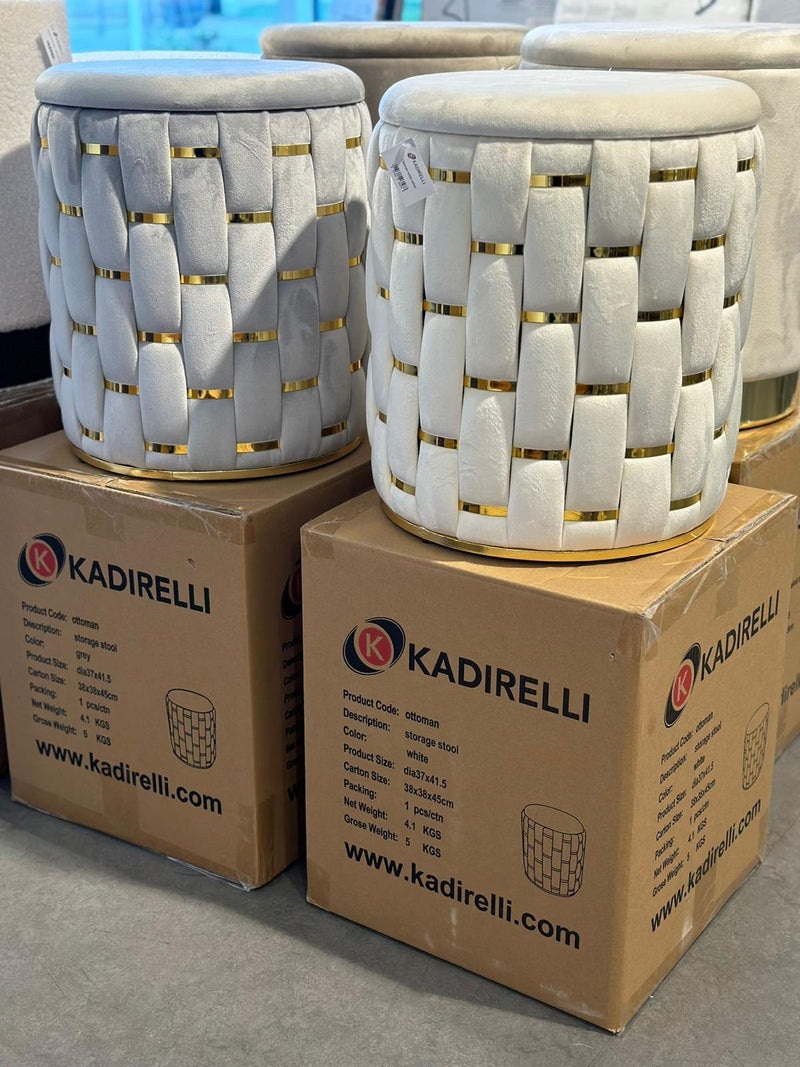 Kadirelli Pouf with Storage Space - 37cm x 41.5cm - Light Gray / Gold - Velvet - Velvet - Hotel Chique