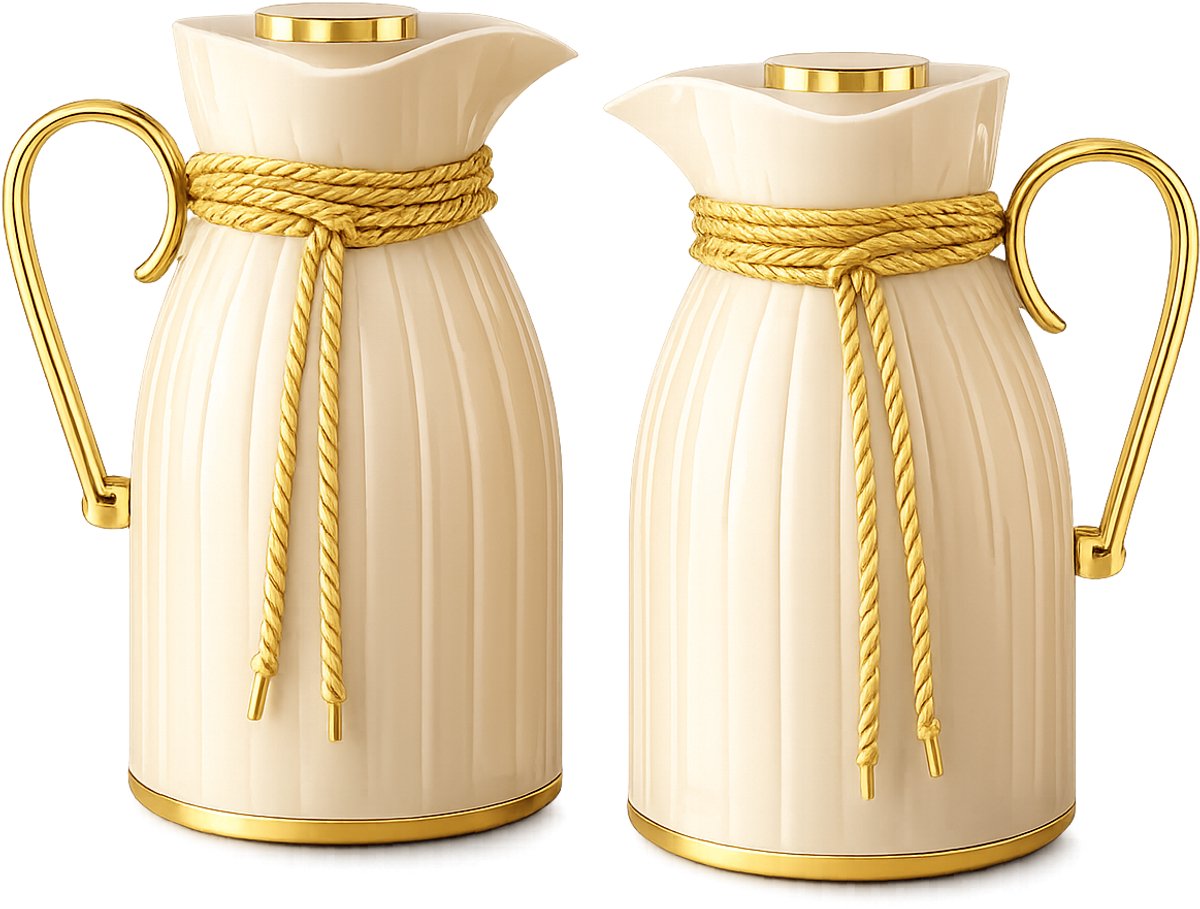 Kadirelli Thermoskan - 1L + 1L - Set van 2 - Beige/Goud - RVS Inox - Themosfles