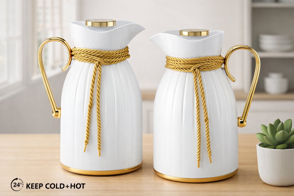 Kadirelli Thermoskan - 1L + 1L - Set van 2 - Wit/Goud - RVS Inox - Themosfles