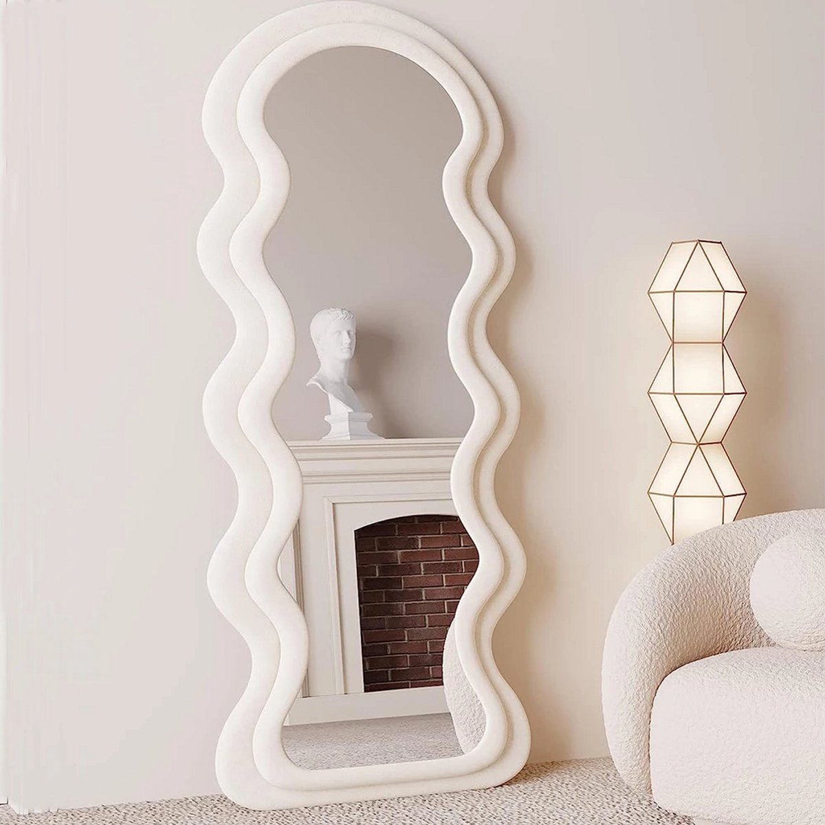 Kadirelli Wave teddy Spiegel - Organische Passpiegel Bouclé bekleed - Japandi - Wandspiegel - 160 x 60 cm - Wit