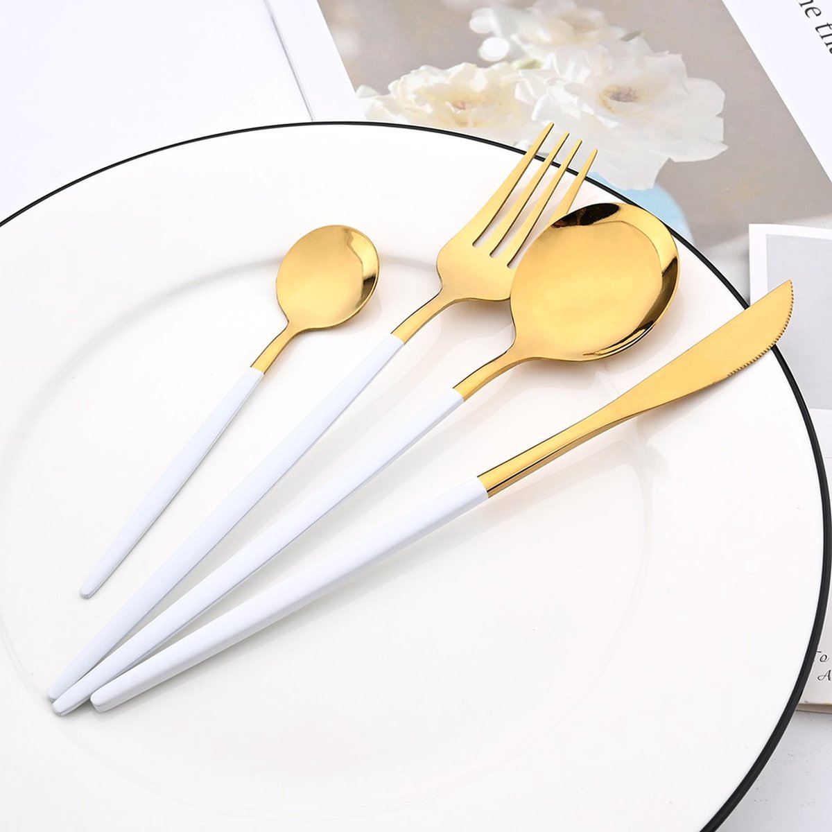 Kadirelli Besteckset - 24-teilig - Gold/Weiß - Für 6 Personen - Edelstahl