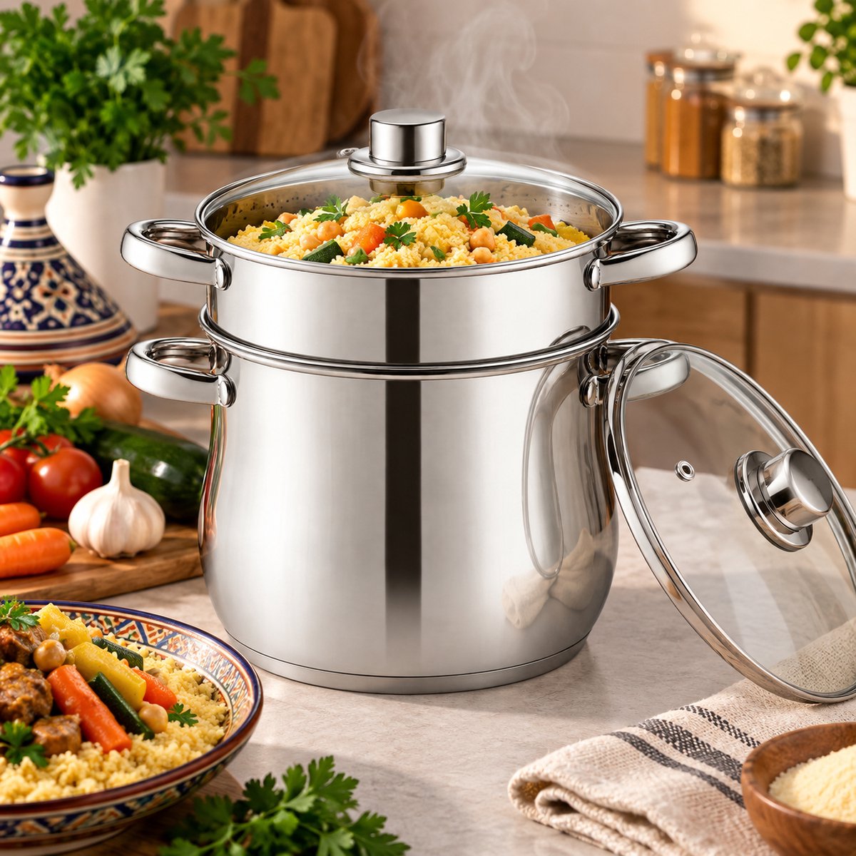 Kadirelli Couscous Pan met Deksel - Ø22cm - 6L - Zilver - RVS - Inductie