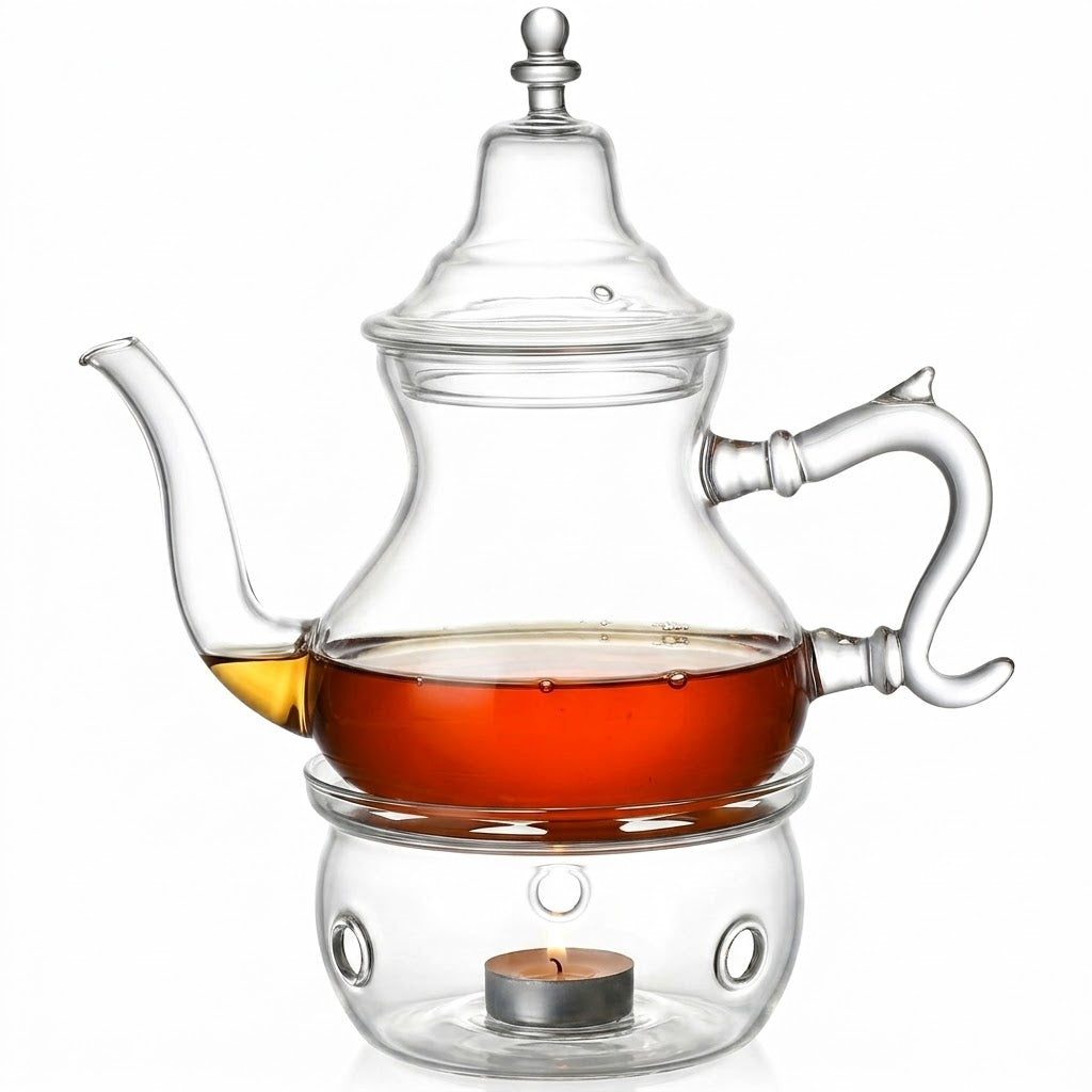 Kadirelli Glazen Theepot met Filter en Theelicht Warmhouder Set - Borosilicaat Glas - RVS Zeef - 0.65ml