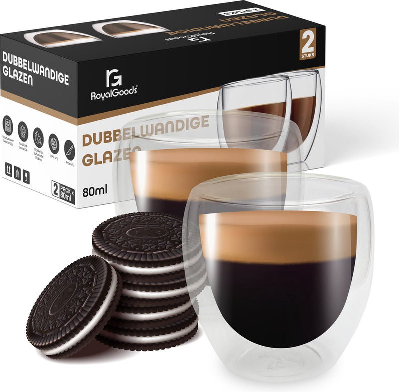 RoyalGoods Small Double Walled Glasses - 80 ml - Set of 2 - Espresso Glasses - Small Glasses