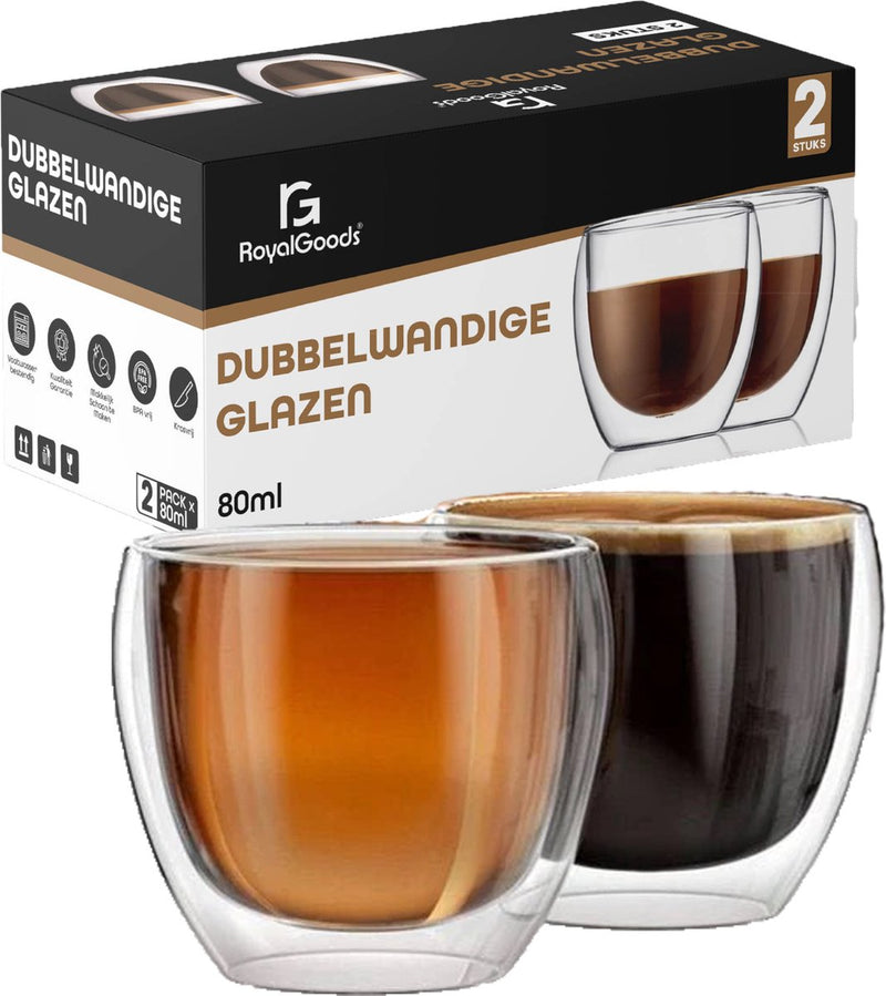 RoyalGoods Kleine Dubbelwandige Glazen - 80 ml – Set van 2 - Espresso Glazen - Kleine Glazen