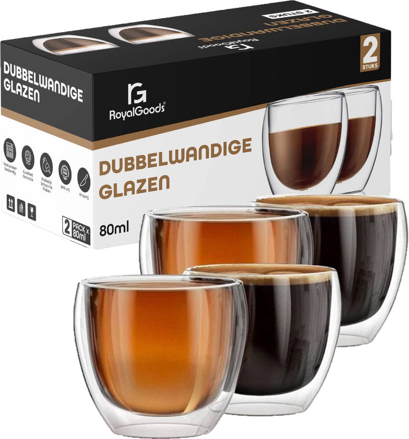 RoyalGoods Kleine Dubbelwandige Glazen - 80 ml – Set van 4 - Espresso Glazen - Kleine Glazen