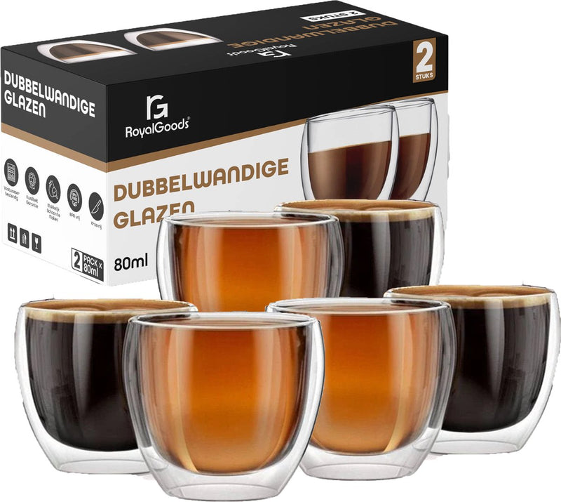RoyalGoods Small Double Wall Glasses - 80 ml - Set of 6 - Espresso Glasses - Small Glasses