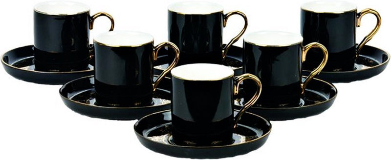 Bricard Porcelain Espresso Glasses - 12-piece - Black/Gold - Turkish Coffee Glasses - Turk Kahve Fincanı