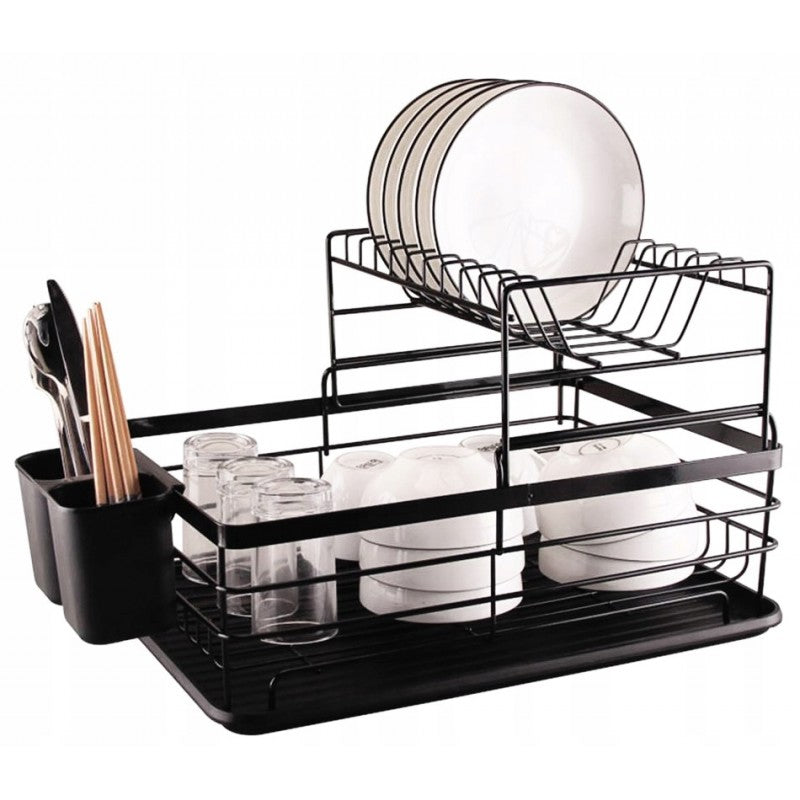 MONOO Dish Drainer With Drip Tray - Black - Dishwashing Drainer Drying Rack With Cutlery Basket 