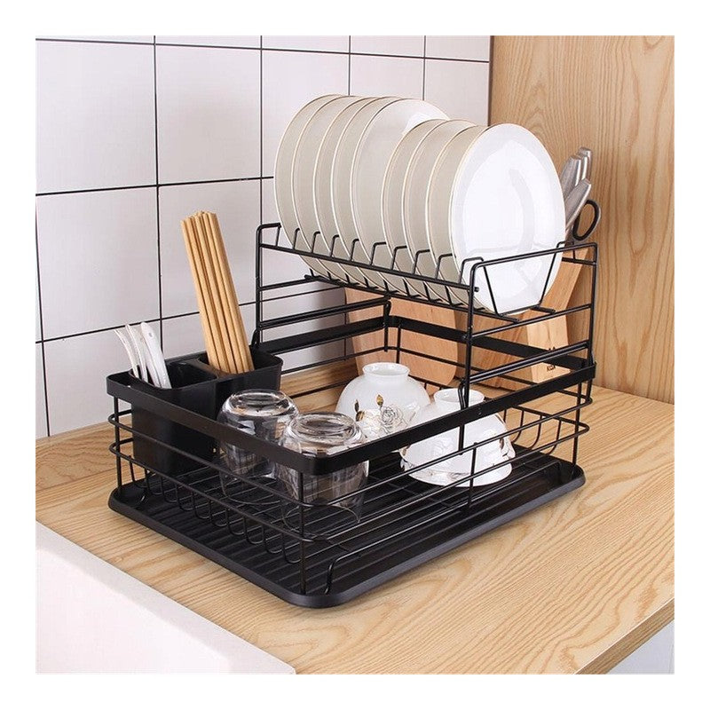 MONOO Dish Drainer With Drip Tray - Black - Dishwashing Drainer Drying Rack With Cutlery Basket 